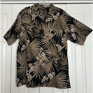 NWT‎ Cotton Traders Mens LT Tropical Palm Cotton Button Down Shirt Black
